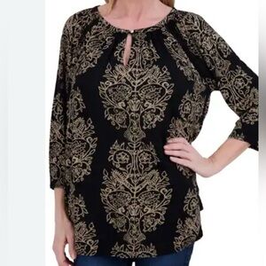 Lucky Brand Top Plus 1X Black Floral Boho Peasant  Viscose 3/4 Sleeve Blouse